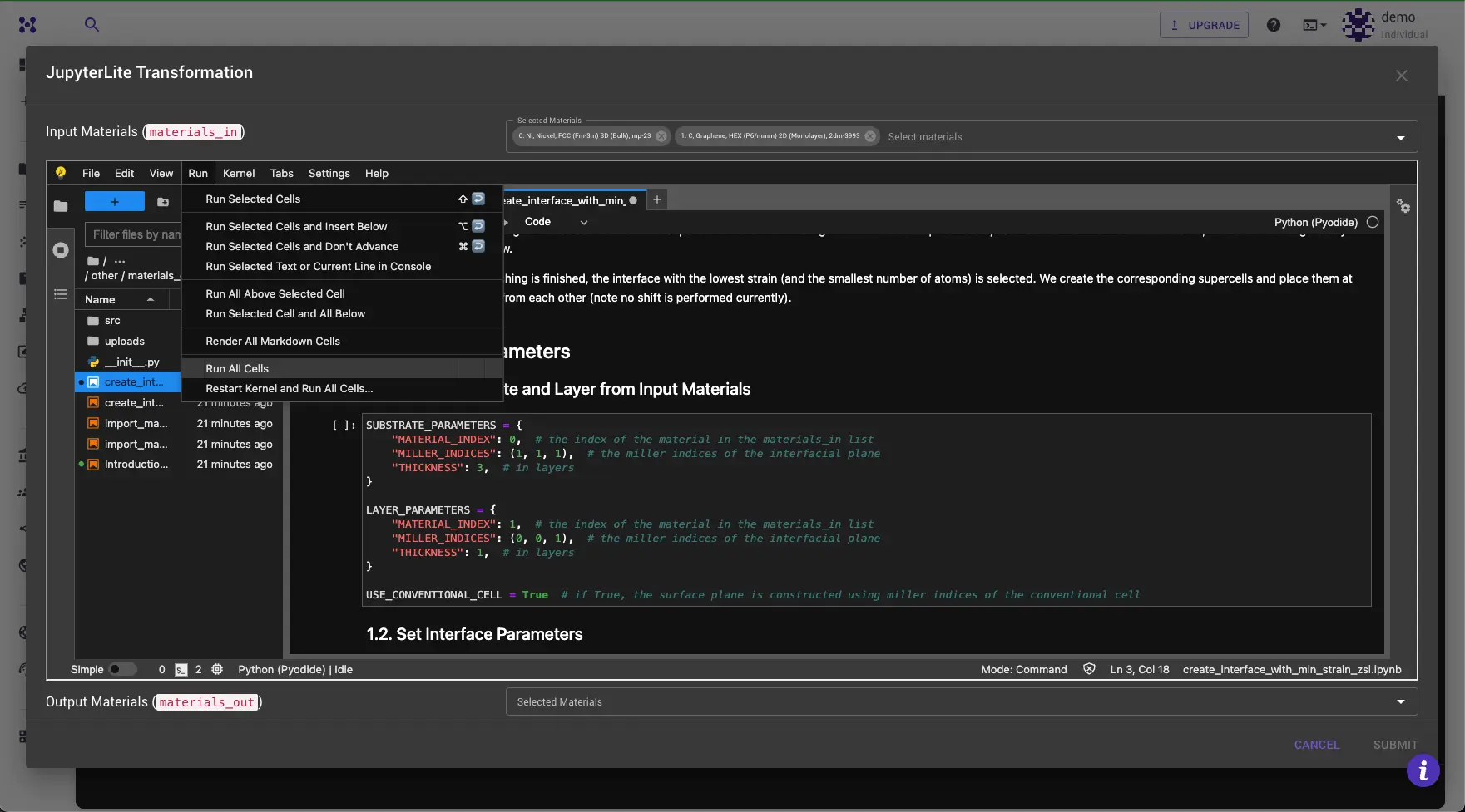 Apply Transformation JupyterLite session with Run menu opened