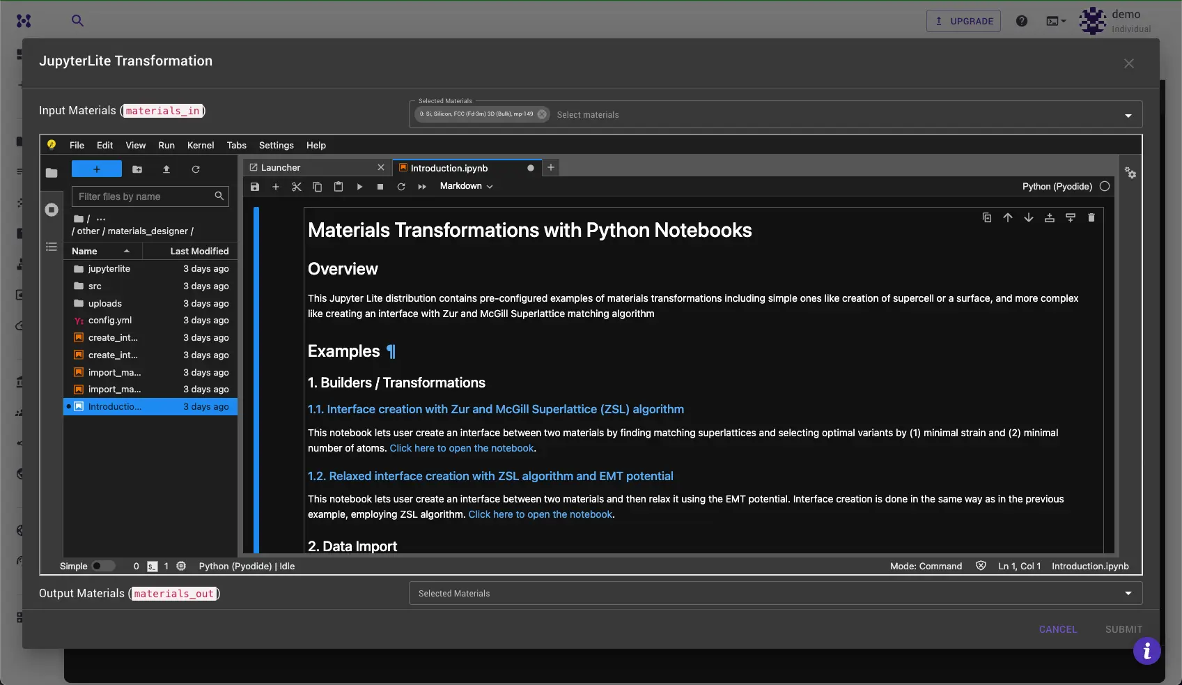 JupyterLite Transformation Dialog JupyterLite Transformation dialog with Introduction.ipynb opened