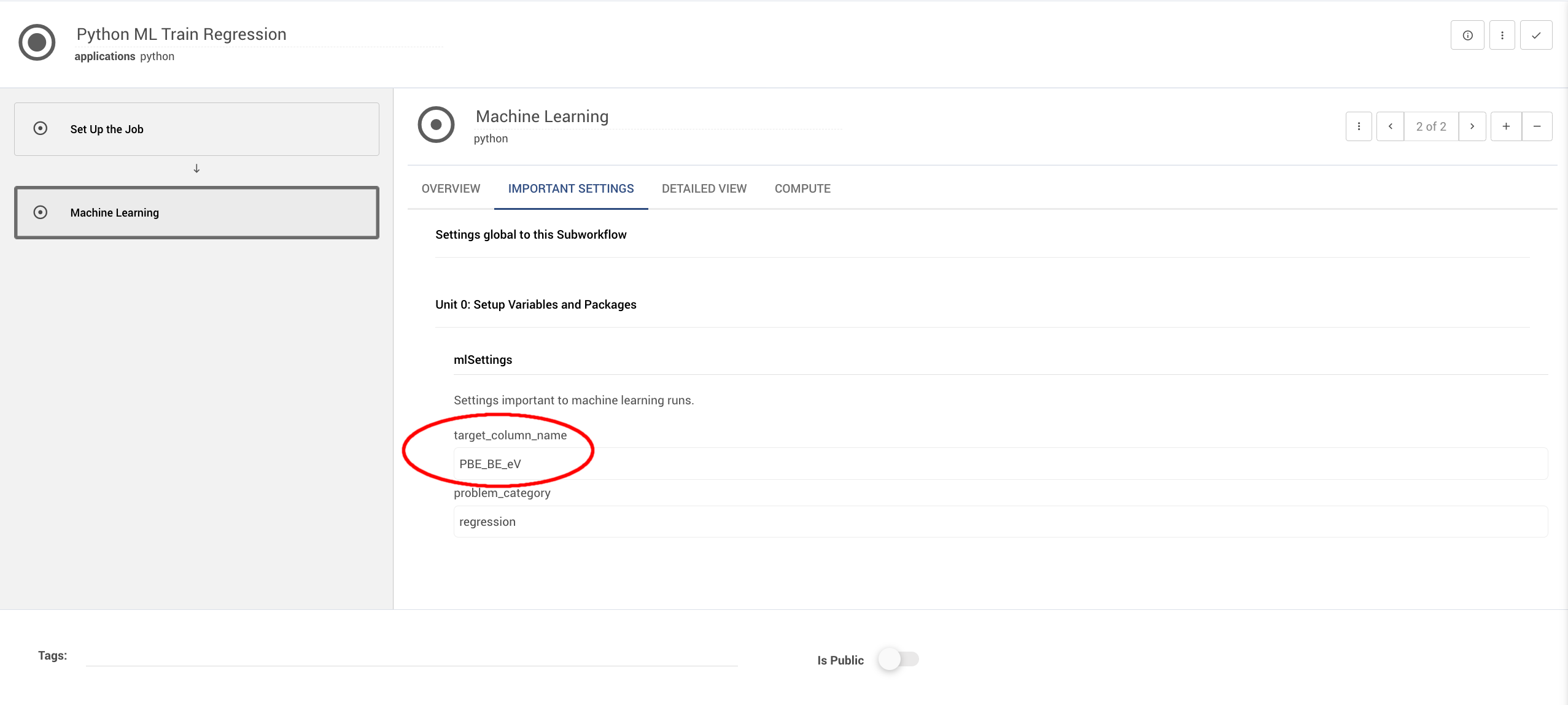 Important settings with target column name set